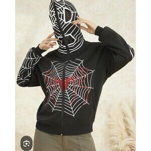 Original Deluxe Kids 12 Spider Web  Zip Close Eye Hole Hood Spiderman Jacket EUC